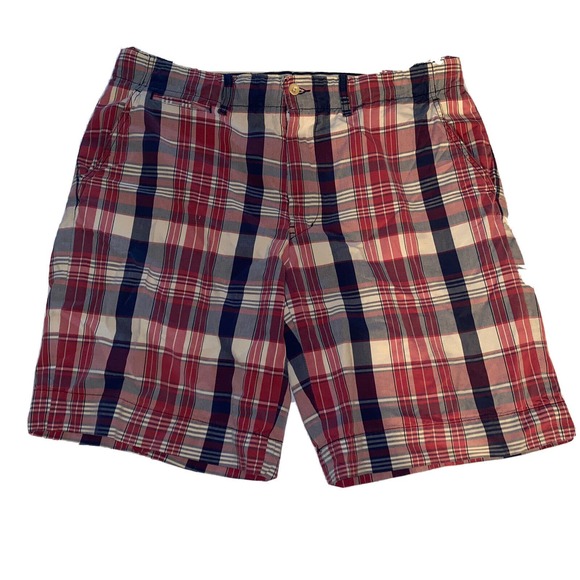 Polo Ralph Lauren Shorts Mens 36x10 Red Blue‎ Plaid Madras Drawstring Flat Front - Picture 1 of 10